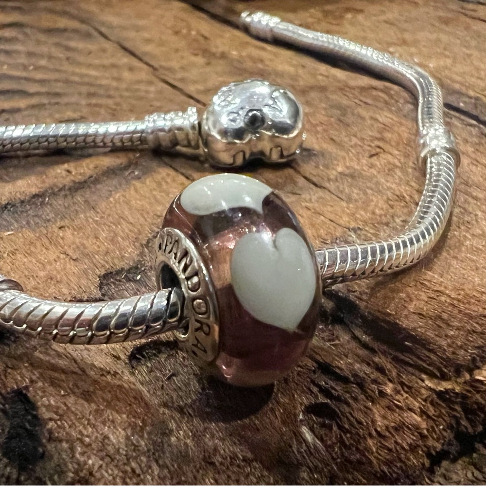 Authentic Pandora Murano Purple with White Hearts Charm Glass Valentine’s Day